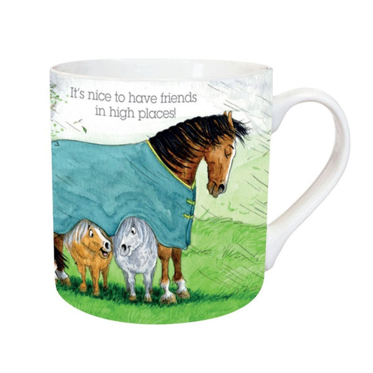 The Alisons Animals Horse Mug Gift Boxed features a large horse in a blue blanket beside two ponies on green grass, with the phrase Its nice to have friends in high places!â€”perfect for animal lovers.