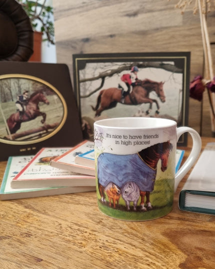 The Horse Mug Alisons Animals Gift Boxed by Alisons Animals sits on a wooden table with books and horse photos. Featuring the phrase It’s nice to have friends in high places, it’s perfect for animal lovers. Dried flowers add a cozy touch.