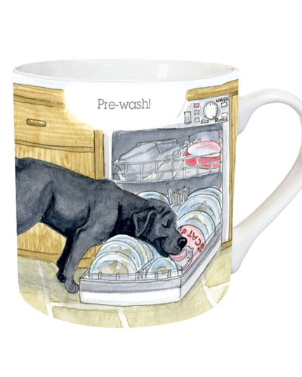 The Dog Mug Alisons Animals Pre-wash Cartoon Gift Boxed by Alisons Animals features a black dog licking dishes on a dishwasher door with Pre-wash! above, set in a charming kitchen scene.