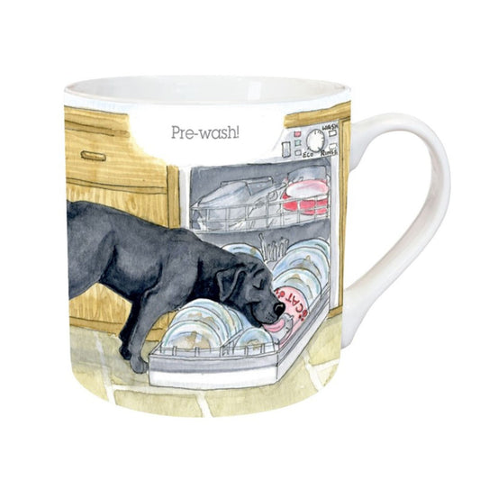 The Dog Mug Alisons Animals Pre-wash Cartoon Gift Boxed by Alisons Animals features a black dog licking dishes on a dishwasher door with Pre-wash! above, set in a charming kitchen scene.
