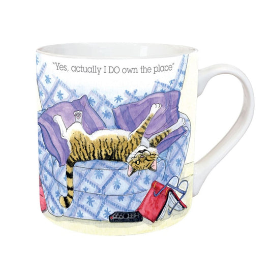 The Cat and Dog Mug I Do Own The Place by Alisons Animals features a cartoon tabby cat lounging on a couch with shopping bags, captioned Yes, actually I DO own the placeâ€”an ideal gift-boxed mug for animal lovers.