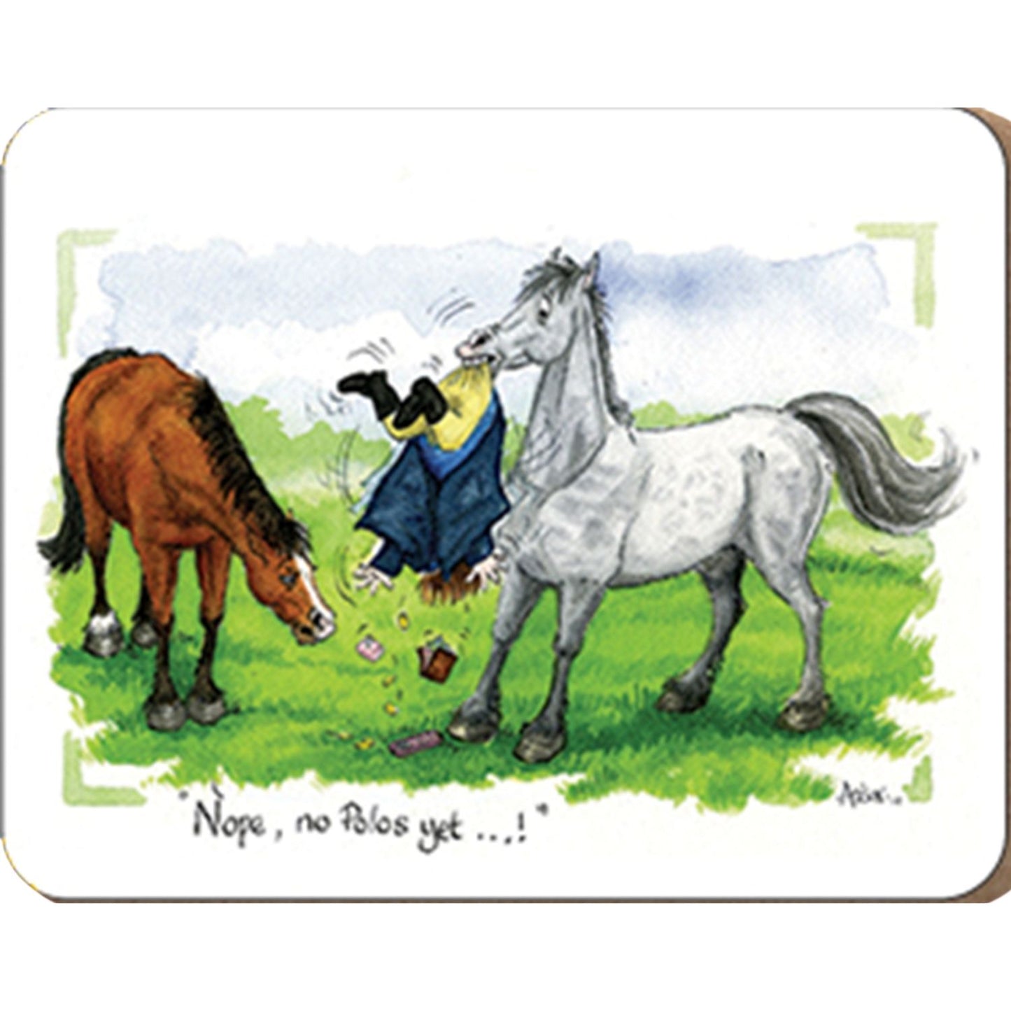 a white melamine drinks coaster showing a cartoon diagram of a horse shaking his owner upside down to look for polos from his pockets