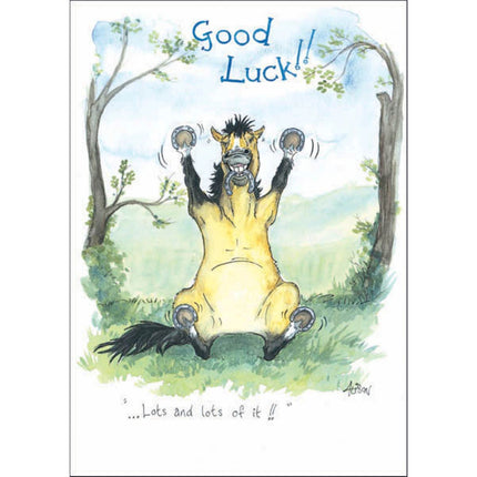 A cartoon horse from Alisons Animals sits smiling with raised hooves on the grass. â€œGood Luck!!â€ and â€œâ€¦Lots and lots of it!!â€ appear on this playful outdoor greeting card: Funny Horse Card Alisons Animals Good Luck......Lots and Lots of It.