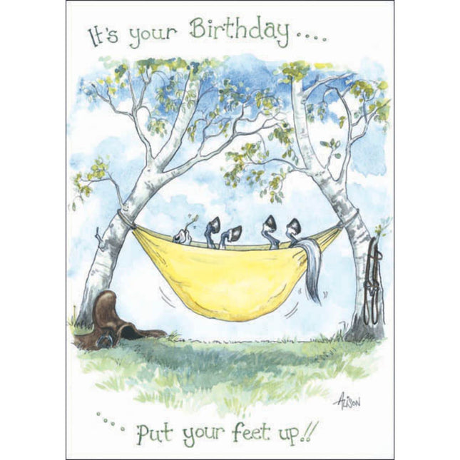 The Alisons Animals Horse Birthday Card features a cartoon horse lounging with the message, Its your Birthday... Put your feet up!! from the popular Alisons Animals brand.