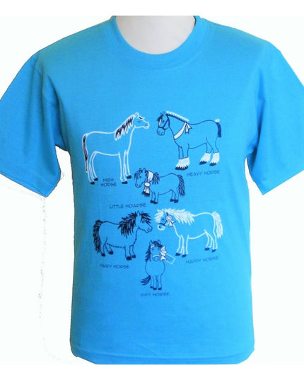 The British Country Collection Horse T Shirt Printed Azure Blue for children features cartoon drawings of six horses labeled High Horse, Heavy Horse, Little Horse, Hardy Horse, Soft Horse, and Happy Horse.