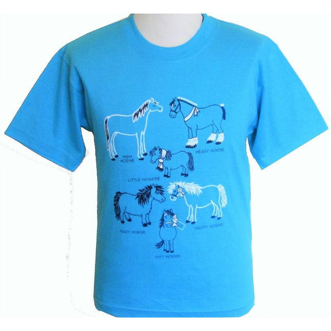 The British Country Collection Horse T Shirt Printed Azure Blue for children features cartoon drawings of six horses labeled High Horse, Heavy Horse, Little Horse, Hardy Horse, Soft Horse, and Happy Horse.