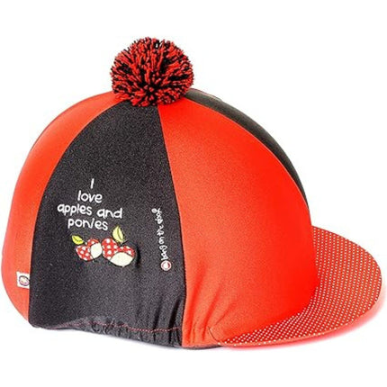 Horse Riding Hat Skull Cap Cover Black and Red Love Apples and Ponies Design
