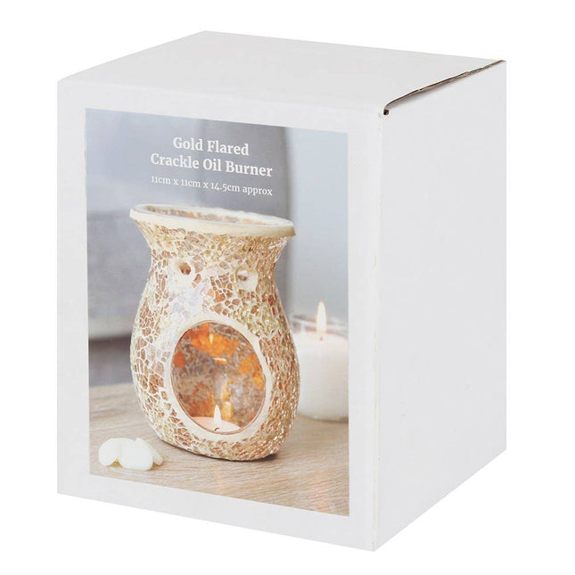 a package showing a large gold crackle design oil burner wax melt warmer with lit tealight