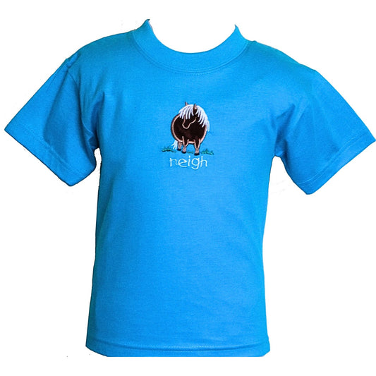 The British Country Collection Infant T Shirt features 100% cotton in bright blue, with a cute embroidered ponys rear and neigh centered on the chest. Unisex design.