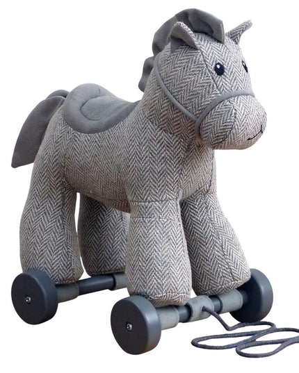 an adorable pull along toy grey cuddly pony made from herringbone fabric on detachable wheels with textured mane and tail