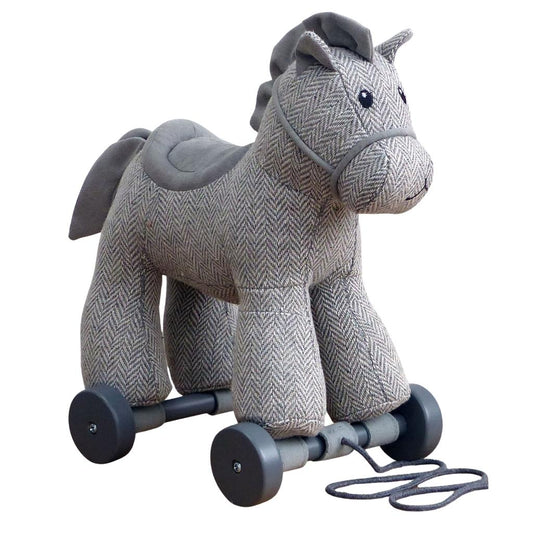 an adorable grey cuddly pony made from herringbone fabric on detachable wheels with textured mane and tail