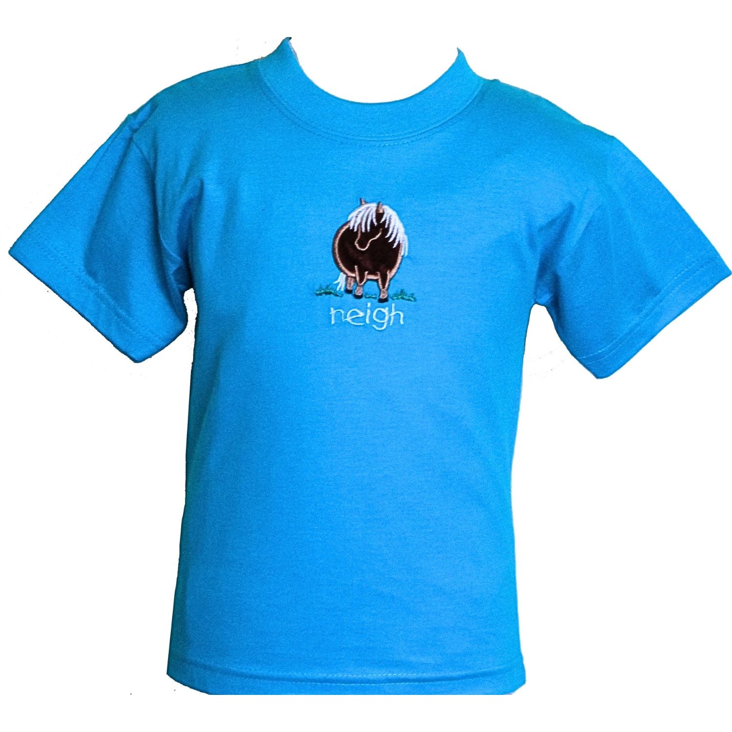 Short sleeve, round necked azure blue T-shirt featuring a cute embroidered fat brown shetland pony design