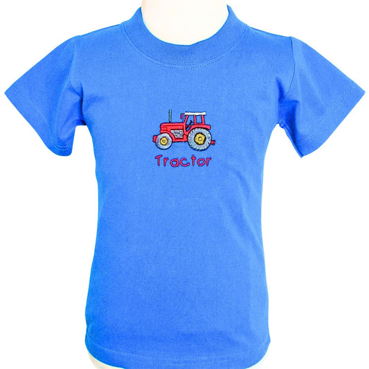 a short sleeve, round necked azure blue T-shirt an embroidered red tractor with the word tractor emroidered in red underneath the tractor
