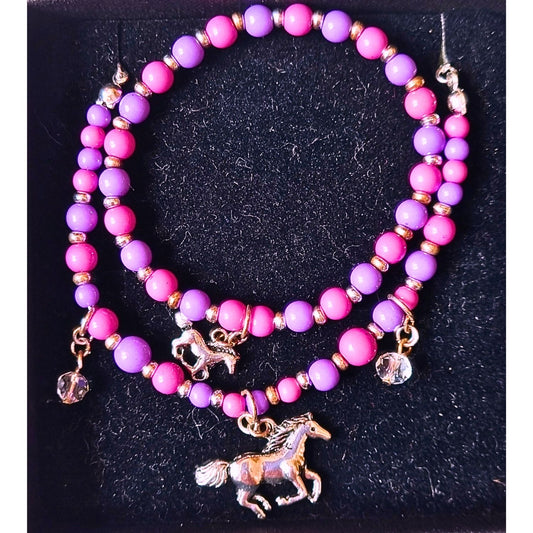Childs Pink and Purple Bead and Pony Horse Charm Bracelet and Necklace Set
