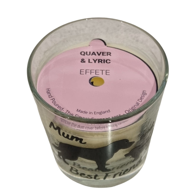 This 20cl glass scented candle by Quaver&Lyric features a Mum and Best Friend dog design, a pink label, and cute black dog illustrationsâ€”perfect for any dog lover. Made in England.