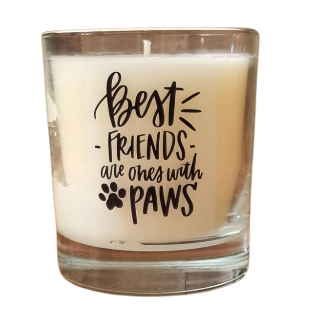The Quaver&Lyric Scented Candle In Glass Container features a Best Friends Have Paws design with a cute paw print, perfect for pet lovers.