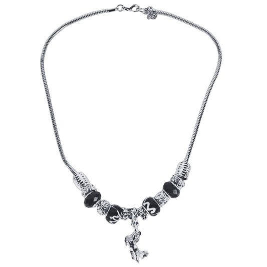 Black and Silver Bead Rope Necklace with Horse Charm