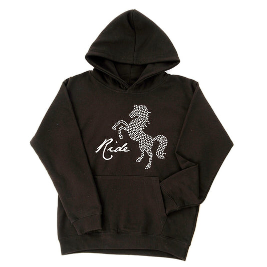 a black hooded sweatshirt with pocket on the front with a sparkly rearing horse and the word ride 
