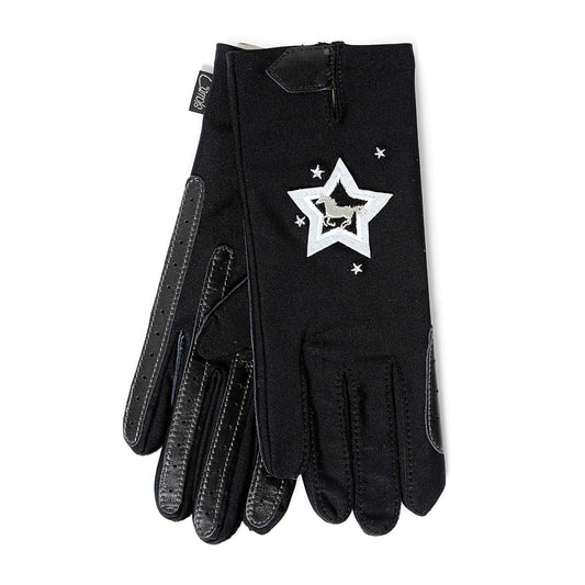 Adults Riding Gloves Stretch Black With Star and Horse Leather Grip One Size