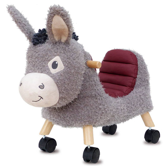 an adorable donkey ride on toy with a cute smiling face and deep curved seat on a wooden frame with castors