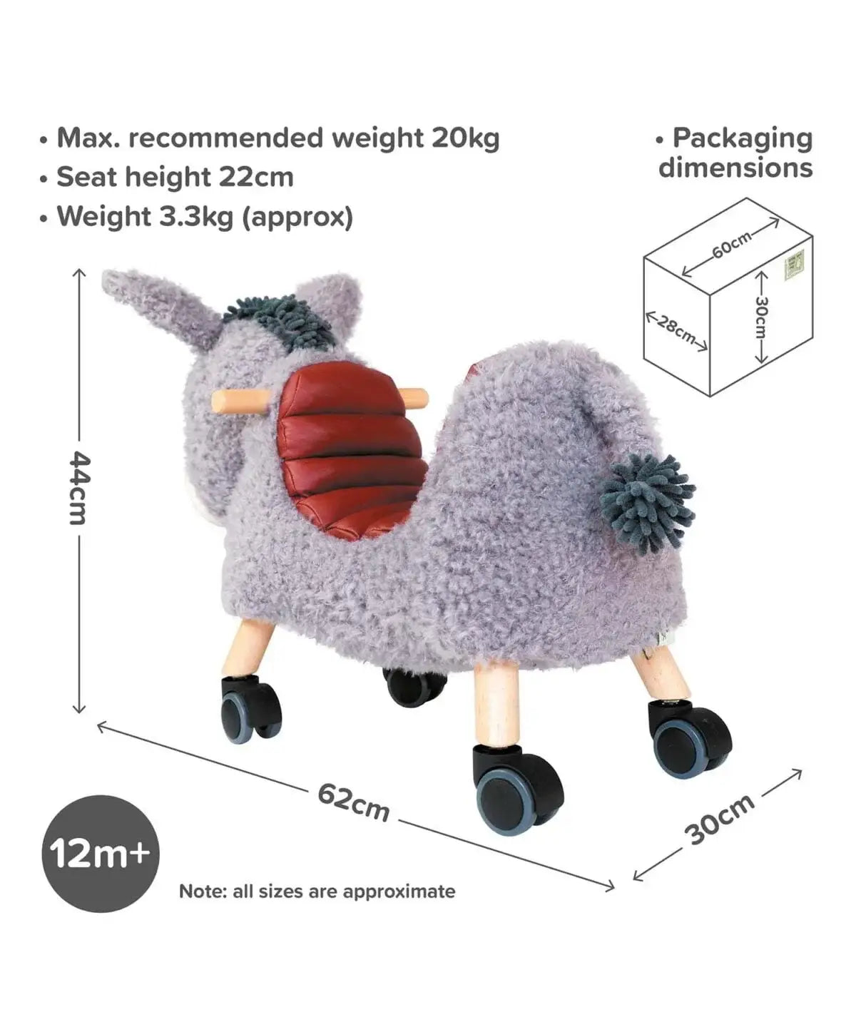 an image of the donkey ride on toy showing its dimensions height 44cm, length 62cm and depth 30cm.