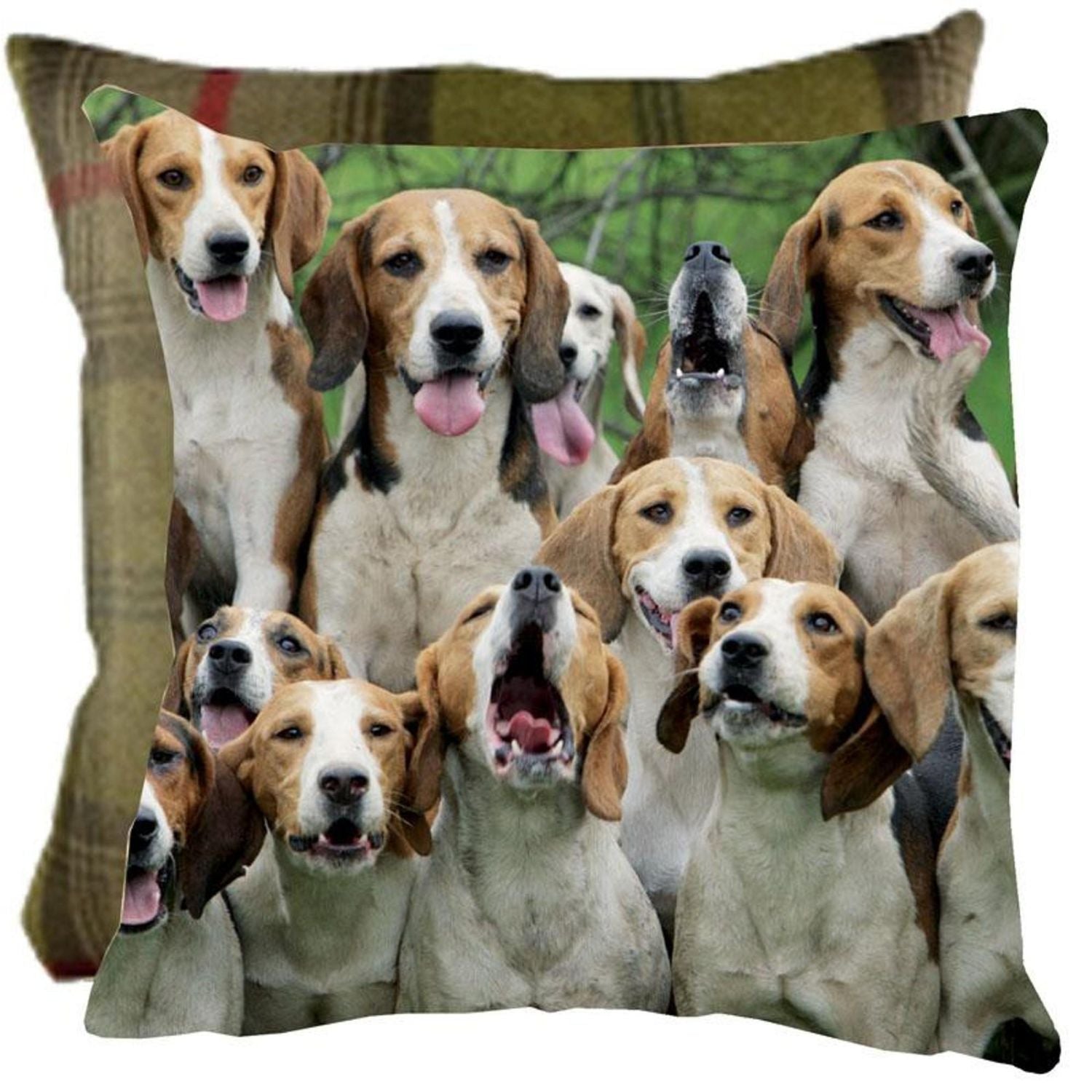 The Grays 1922 Hunting Hound Dog Cushion Boys Night Out Foxhound Design showcases lively overlapping foxhounds before a plaid background, bringing classic country charm to any room.