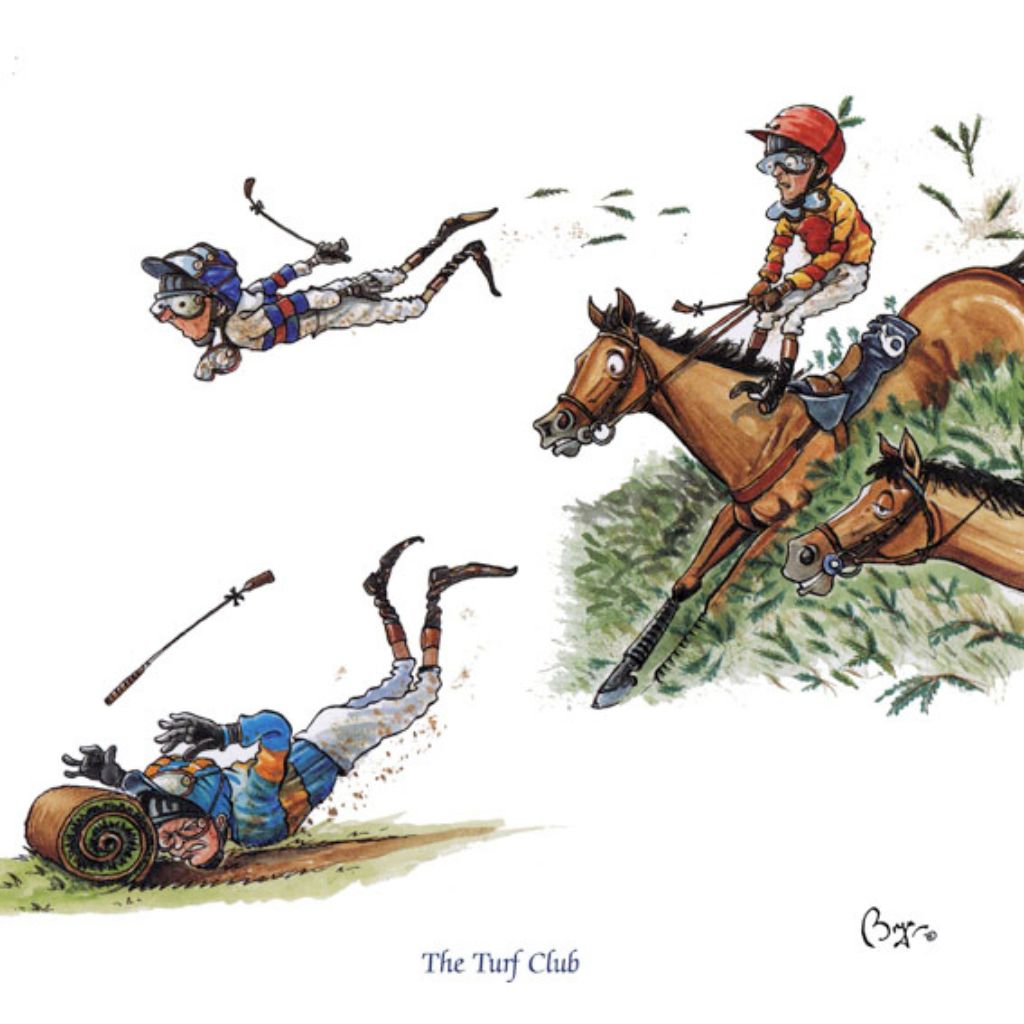 on the right there is a jockey and horse about to land after jumping a hedge. On the ground is a jockey skidding face first on the ground and his head is making a roll of turf. Above him another jockey is flying through the air.