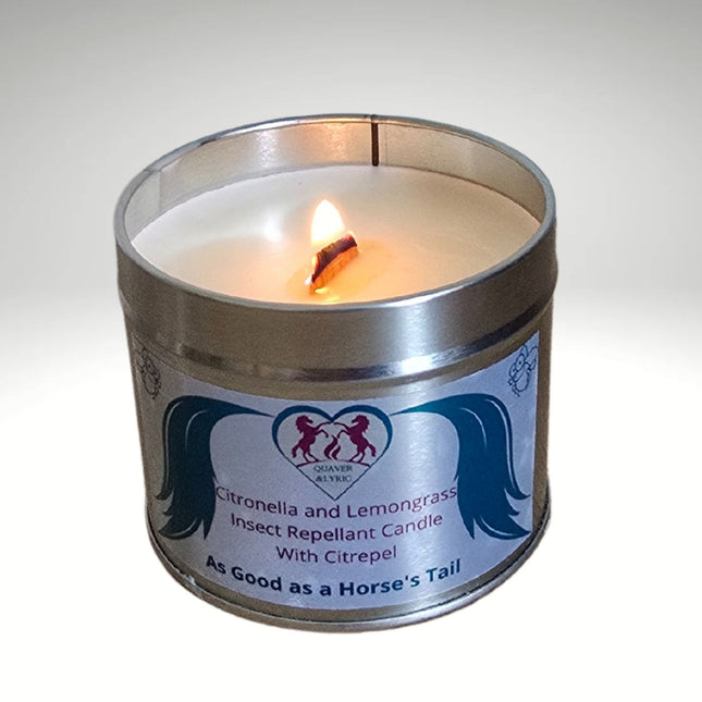 The Quaver&Lyric Insect Repellent Candle features Citrepel with Citronella and Lemongrass or Lavender and Patchouli, in a metal tin with blue/purple accents, horse graphics, and a label highlighting natural ingredients.