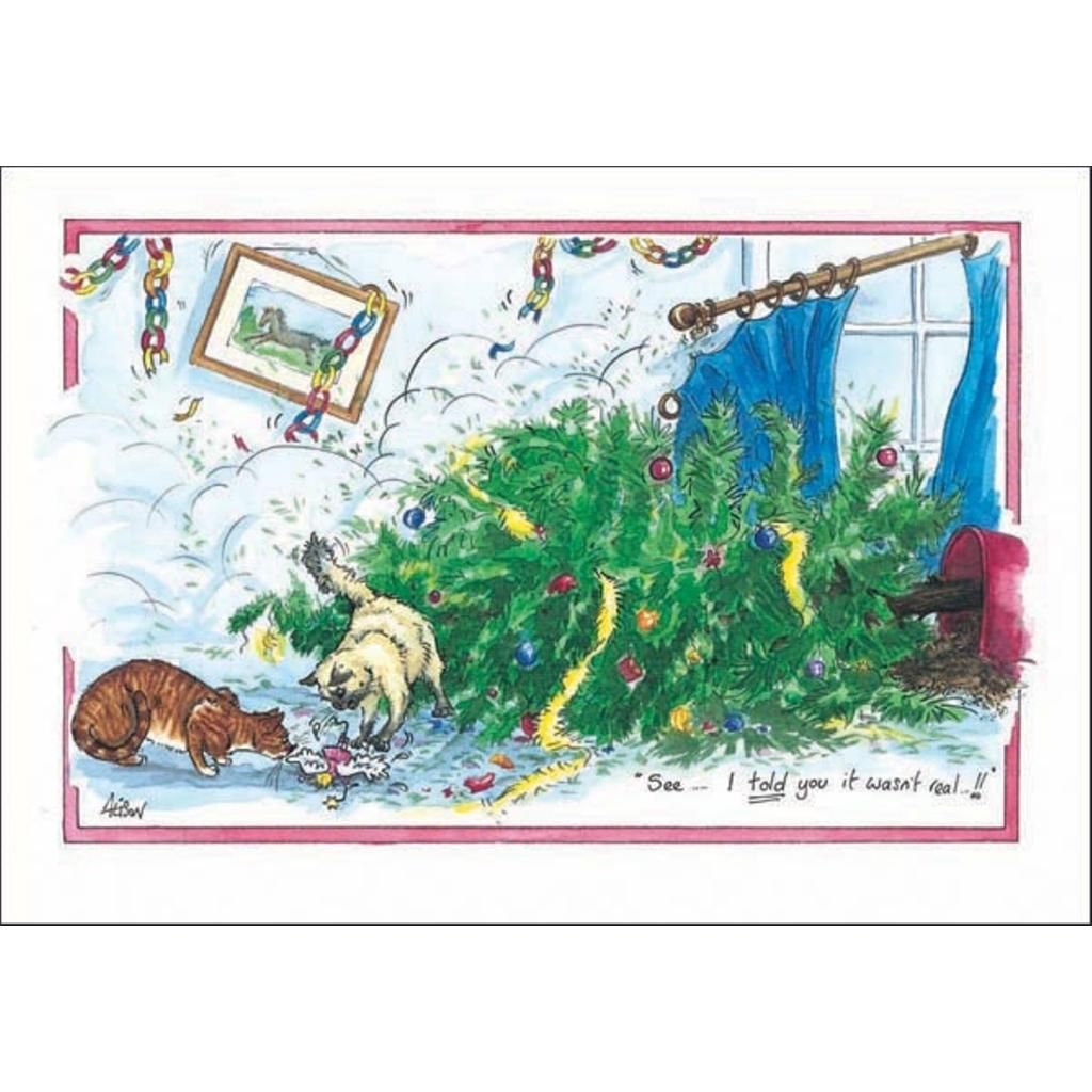 This funny cat Xmas card by Alisons Animals with two naughty cats that have pulled over the Christmas tree.