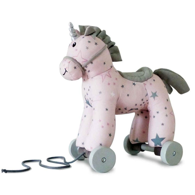 An adorable pink unicorn on detachable grey wheels. Her pink body is covered with grey and pink stars and she has a tactile mane and tail.