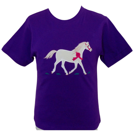 a purple short sleeved round neck t shirt with a cream coloured embroidered trotting pony with a red rosette and headcollar