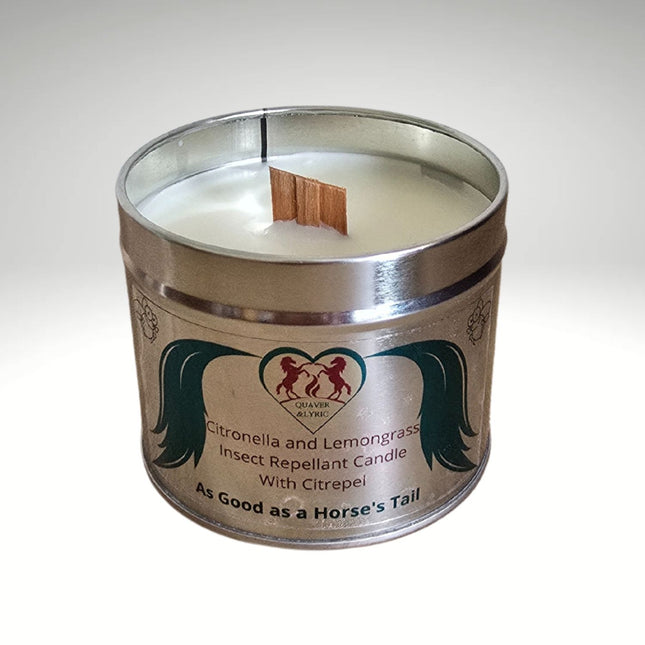 Quaver&Lyric Insect Repellent Candle With Citrepel features natural ingredients, a wooden wick, and comes in a metal tin with Citronella and Lemongrass or Lavender and Patchouli scents. Label shows two horse silhouettes.