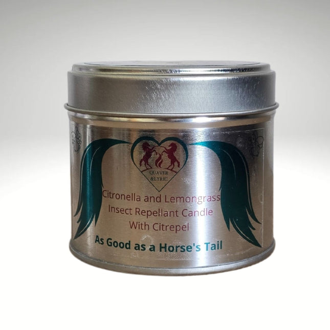 A silver Quaver&Lyric tin labeled Insect Repellent Candle With Citrepel Citronella and Lemongrass, made from natural ingredients, features wing designs and the phrase As Good as a Horse’s Tail on the front.