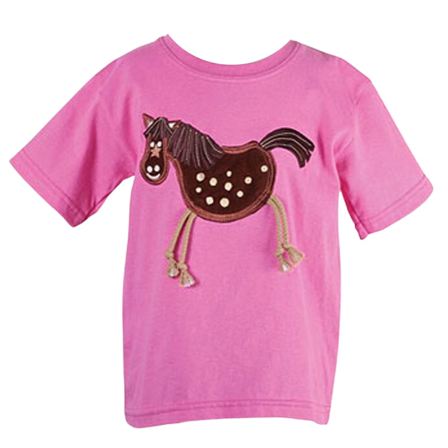 a pink short sleeved round neck t shirt. In the middle is an embroidered brown spotted cartoon style horse with light brown string dangly legs.