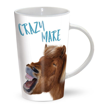 The Equinaliagifts Latte Mug Horse Design Crazy Mare is a white mug featuring a lively, laughing horse with CRAZY MARE playfully written in blue above its head.