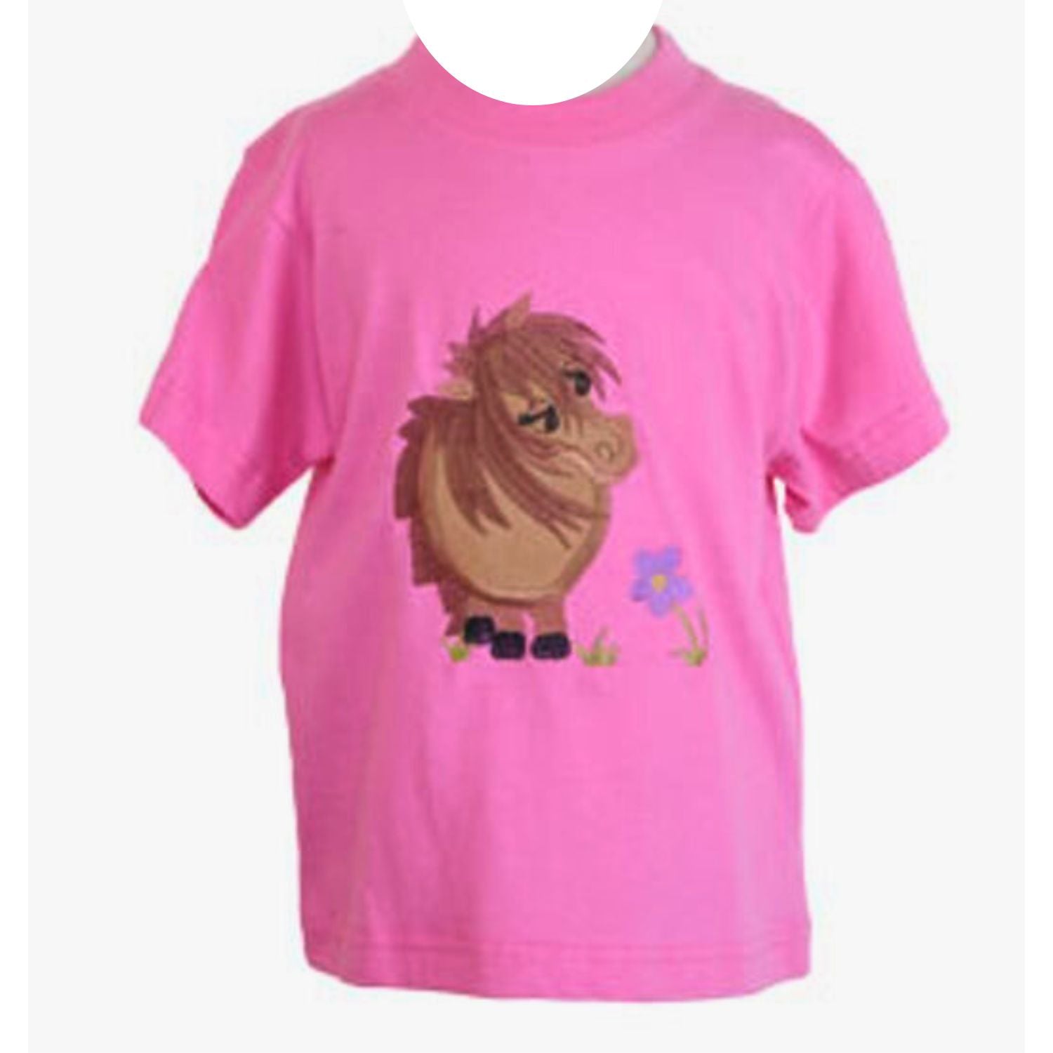 a pink short sleeved round neck t shirt with a brown shetland type pony and a blue flower