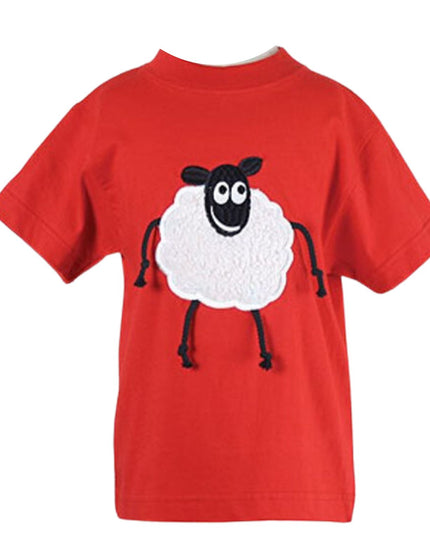 The Ramblers Sheep Embroidered T Shirt Red With Applique Dangly Leg Lamb for kids is 100% cotton, soft, comfy, and machine washable. Features a smiling sheep with applique dangly legs on the front.