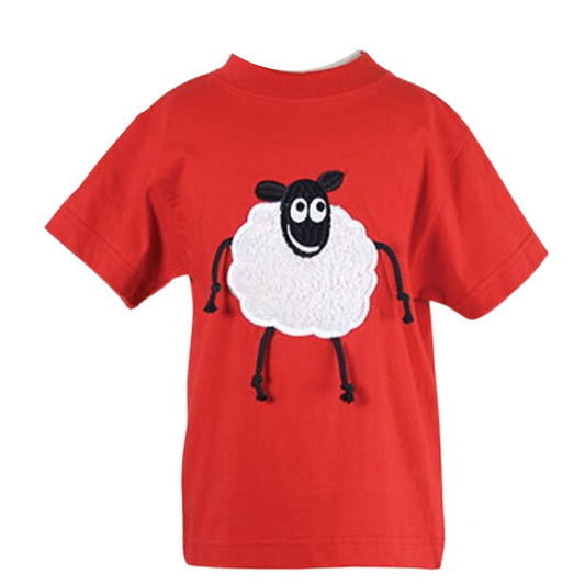 red short sleeved round neck t shirt in the middle is a white fluffy sheep with four black string legs and a black embroidered happy face