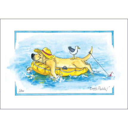 The Funny Dog Greeting Card Alisons Animals Doggy Paddle by Alisons Animals features a cartoon dog in a yellow hat relaxing on a float, pulled by a fishing line with a seagull on its backâ€”perfect for celebrating your furry friend.