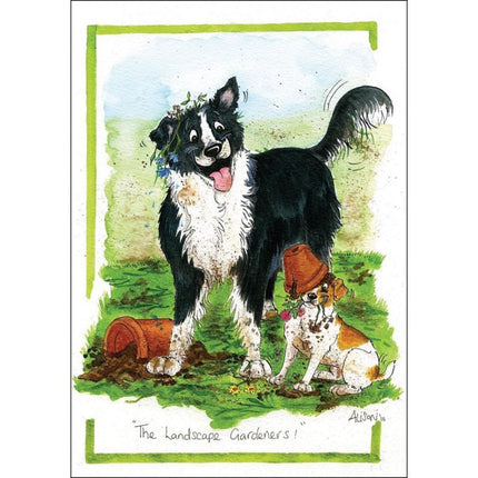 A playful Alisonâ€™s Animals â€œLandscape Gardenersâ€ greeting card featuring muddy black & white and brown & white dogs with broken flowerpots. Funny Dog Greeting Card by Alisons Animalsâ€”perfect for dog lovers!.