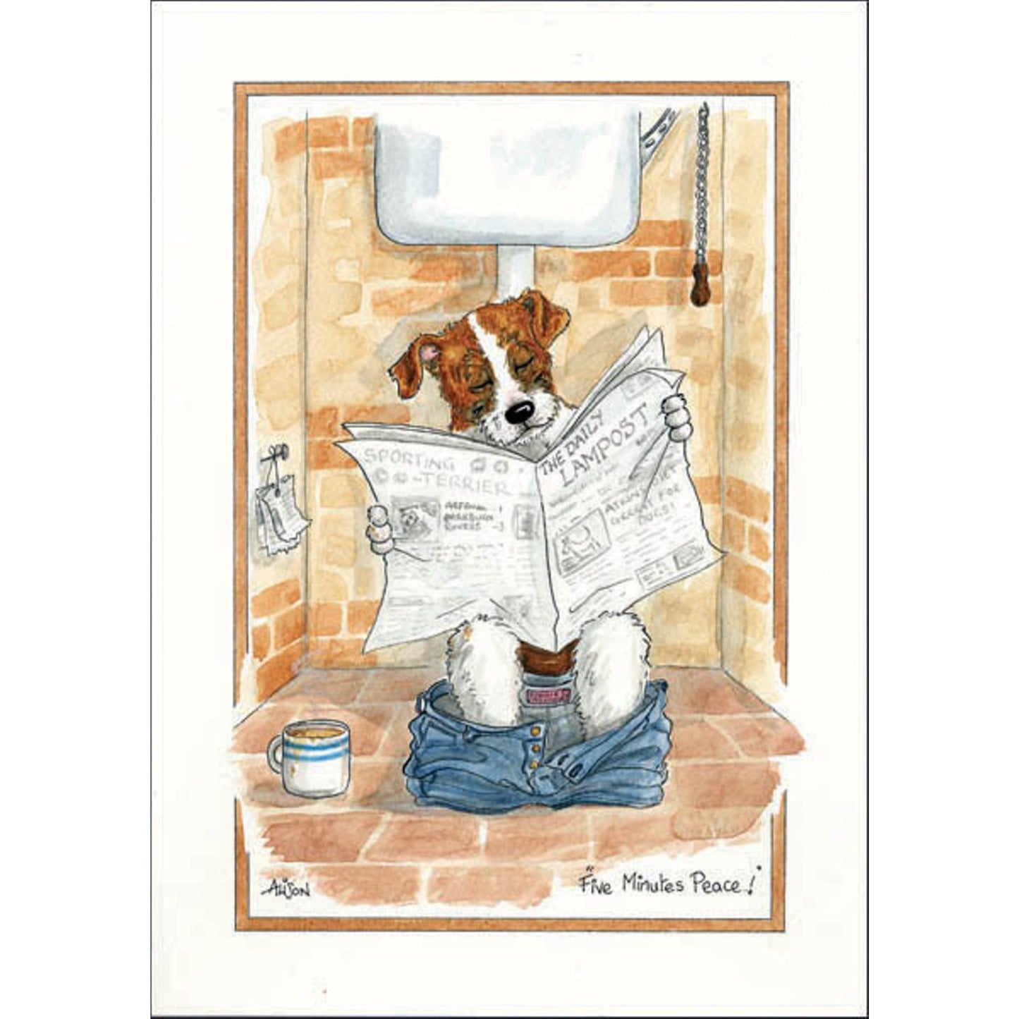 a greeting card with a cartoon of a dog sitting on an old fashioned toilet with his trousers down and reading a newspaper and has the caption five minutes peace