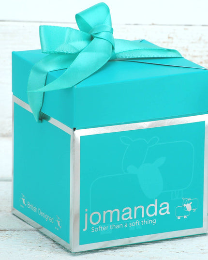 A turquoise gift box with a matching bow, featuring Bunny Teddy Bear Jomanda Mini Soft Plush Toy by Jomanda Soft Toys & Accessories. Made with plush materials and white animal designsâ€”perfect newborn baby gift.