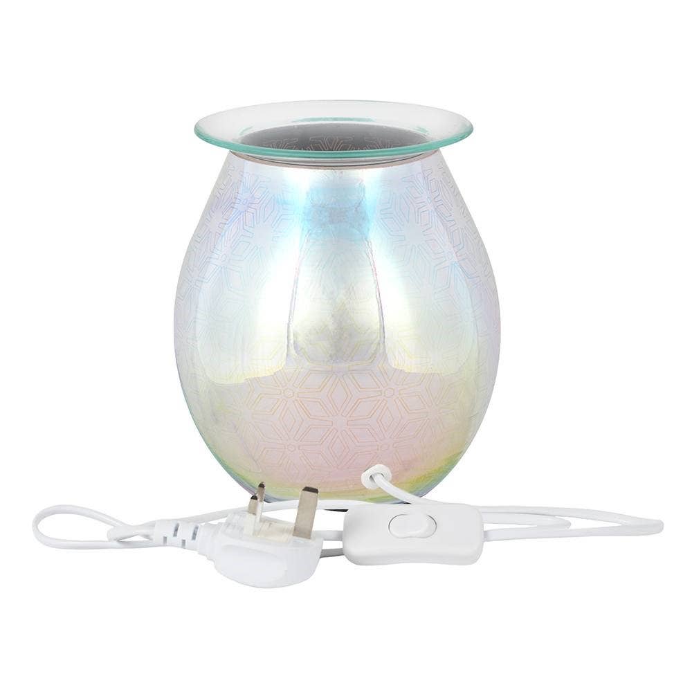 an un plugged Electric Oil Burner and wax warmer  with 3D Geometric Flower design with a 3 pin plug and on off switch