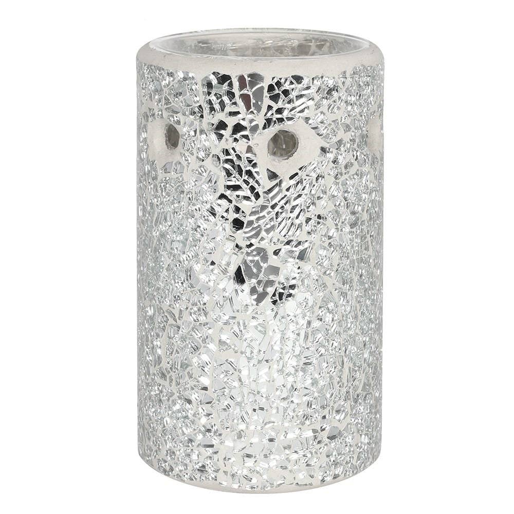 pillar-shaped oil burner, featuring a silver mirrored crackle effect 
