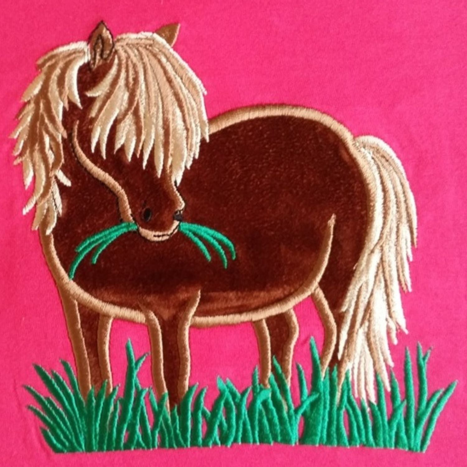 The British Country Collections Horse T Shirt features an embroidered Shetland pony with a blond mane on green grass against a bright pink background—a charming pick for horse lovers.
