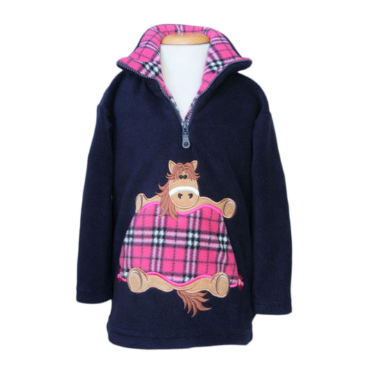 navy blue zip front fleece with a large embroidered cartoon style horse lying under a pink plaid fabric, The inner of the collar is lined with the same plaid fabric blanket