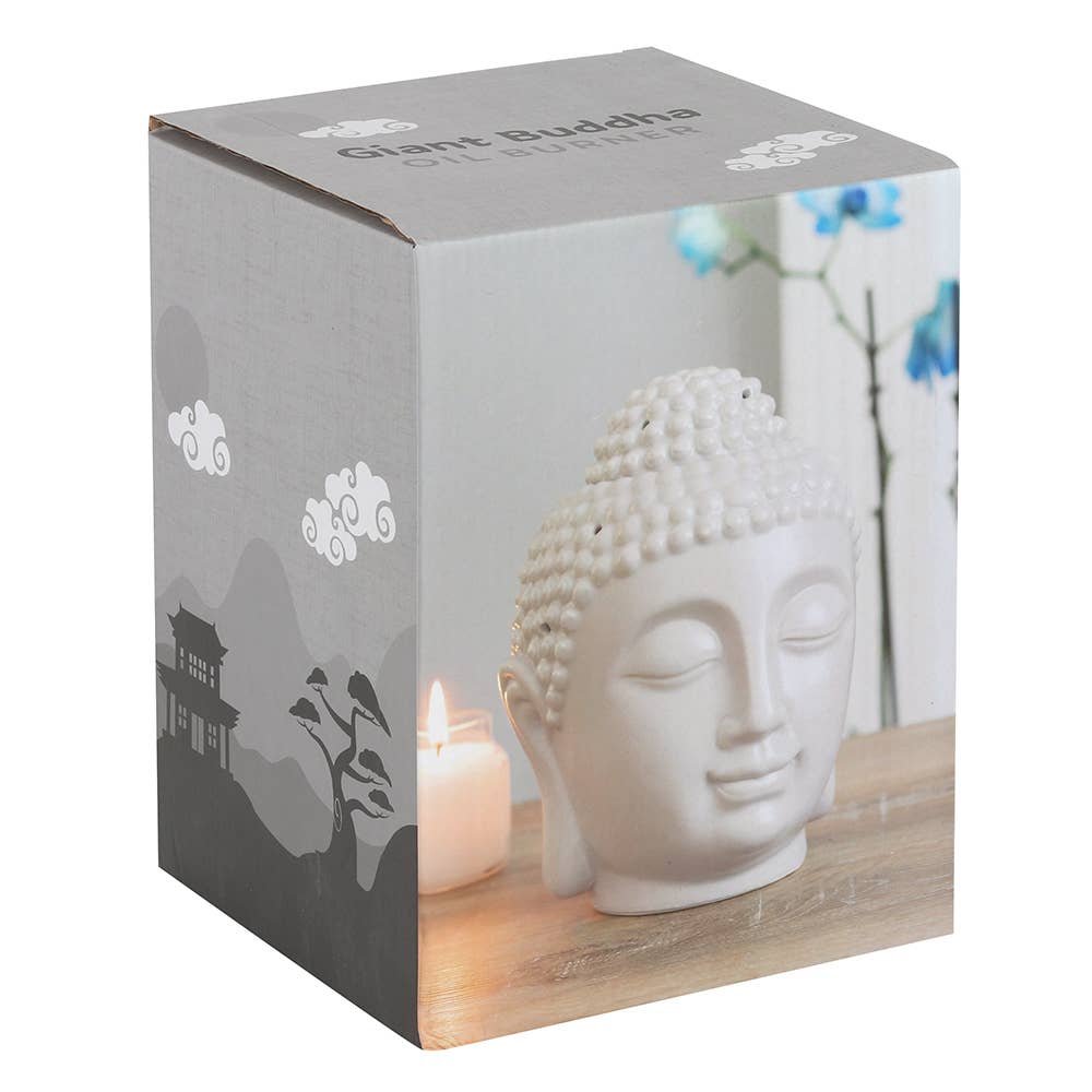  the packaging for a light grey large buddha head wax warmer