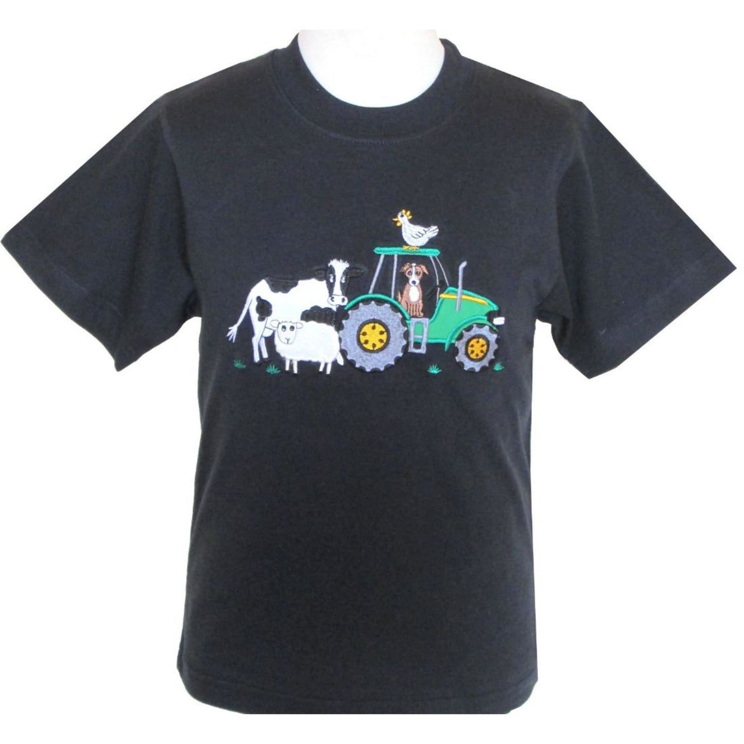 a black short sleeve round neck t shirt with an embroidered farm scene including a green tractor with a dog in the seat, a hen on the roof and a cow and sheep by the side