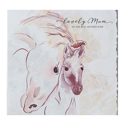 The Deckled Edge Lovely Mum Horse Blank Greeting Card With Envelope by Deckled Edge Ltd features a soft watercolor of an adult horse and foal with “lovely Mum to the best mother ever” in cursive—perfect for horse lovers.