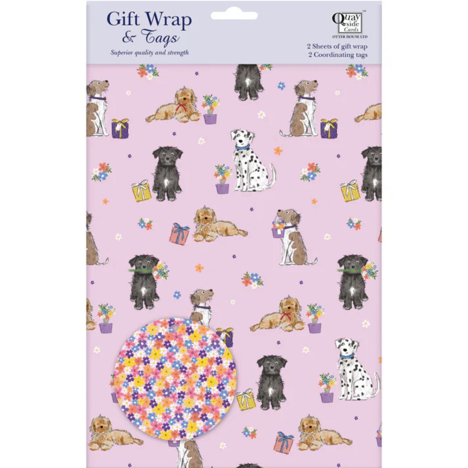 a pack of cute greeting paper featuring dogs with flowers and presents on a soft pink background